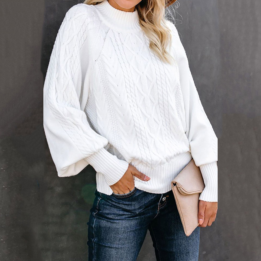 Kvinders strikket sweater med opretstående krave og kabelmønster Stilla