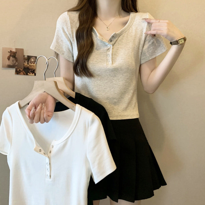 Dame Button-Up Kortærmet Henley Top Stilla