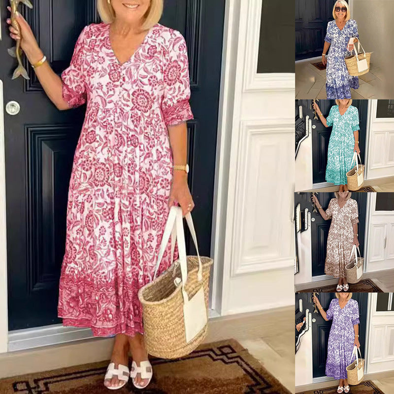 Dame Elegant Vintage Blomster Midi Kjole Stilla
