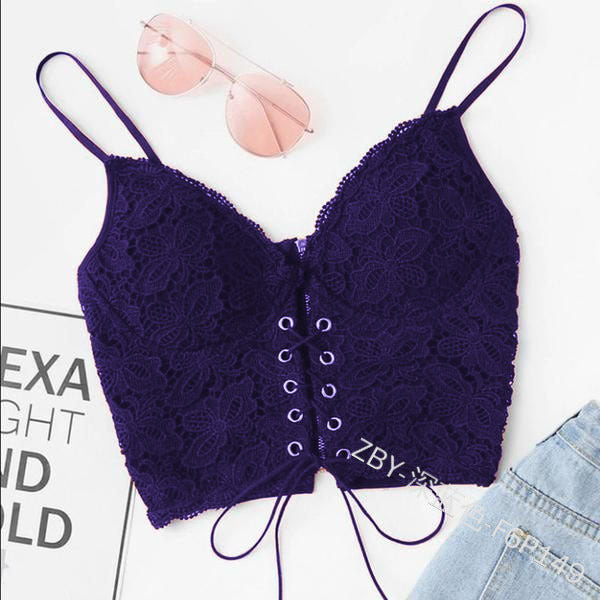 Dame Spids-Crop-Top med dekorative snøre detaljer og fine spidsindsatser Stilla