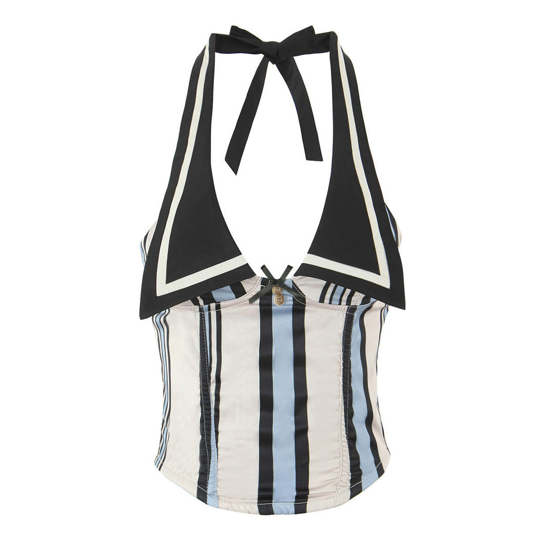 Dame Halsbinde-top med trendy krave og stribet design Stilla