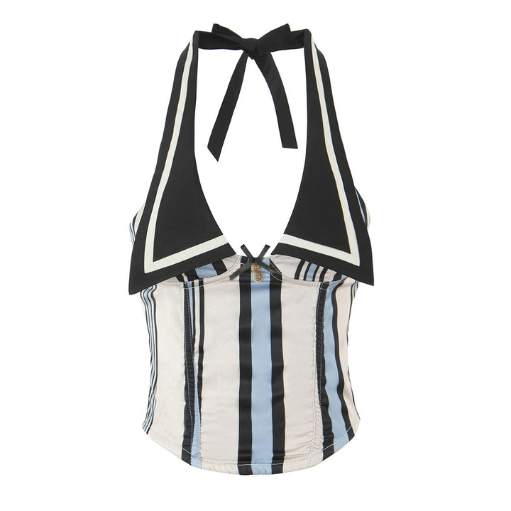 Dame Halsbinde-top med trendy krave og stribet design Stilla