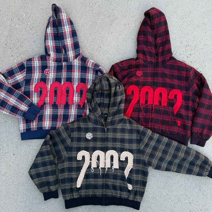 Unisex nan checkered hoodie with frayed year appliqué and ribbed cuffs Skovae