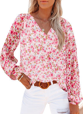 Dame bluse med blomster mønstre og V-hals Stilla