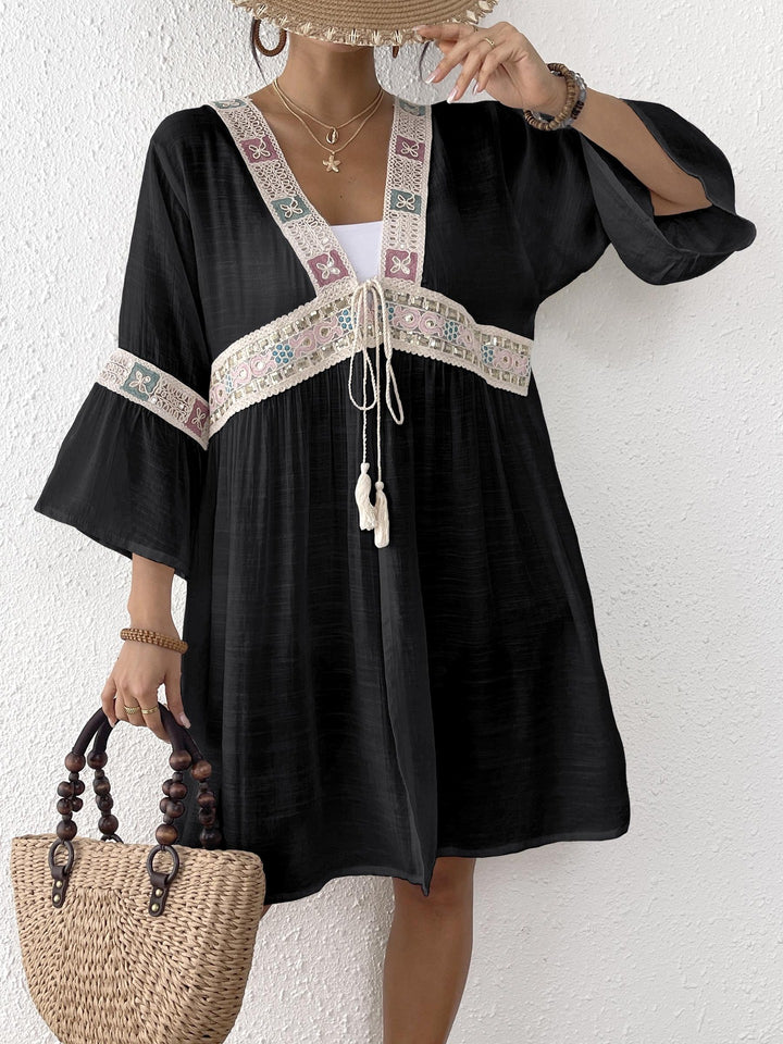 Dame luftig strandkimono med florale broderier Skovae