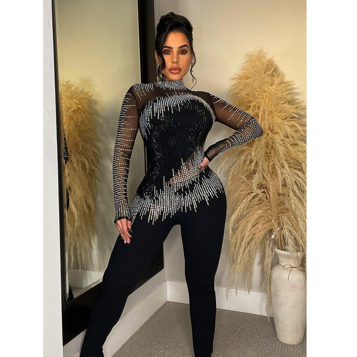 Dame Glamourøs Bodycon Jumpsuit med gennemsigtigt overdel og glitrende strassdekorationer Stilla
