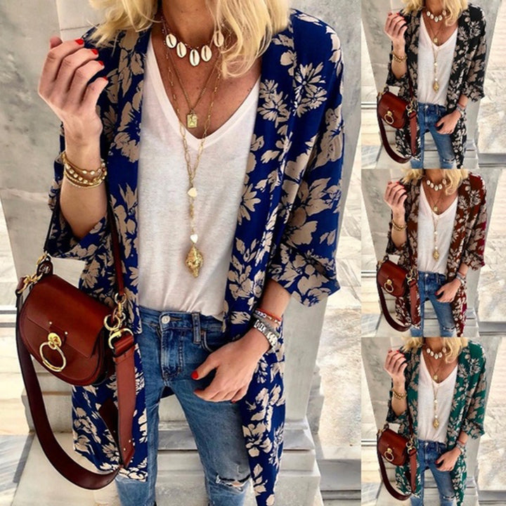 Dame Floral designet Kimono-jakke med afslappet pasform og vidde ærmer Stilla