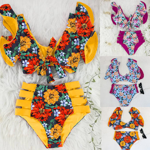 Dame bikini-sæt med flæsedetaljer og floralt mønster Skovae
