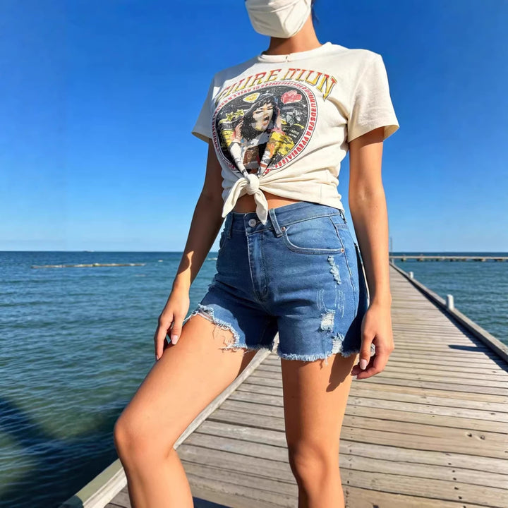 Dame Destroyed Denim-shorts med frynset kant og stilfulde revnedetaljer Skovae