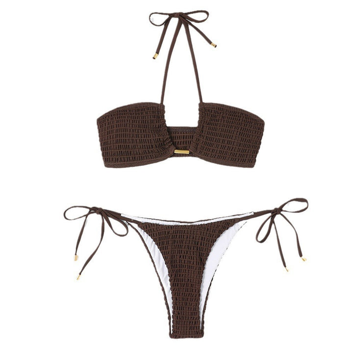 Dame bandeau-bikini-sæt med elastisk ribstof og dekorative snøringer Stilla