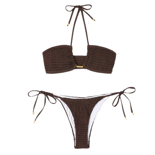 Dame bandeau-bikini-sæt med elastisk ribstof og dekorative snøringer Stilla