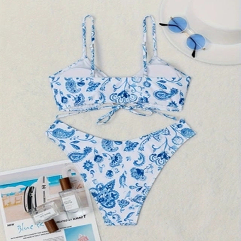 Dame Bikini-sæt med blomsterdesign og justerbart bindebånd Skovae