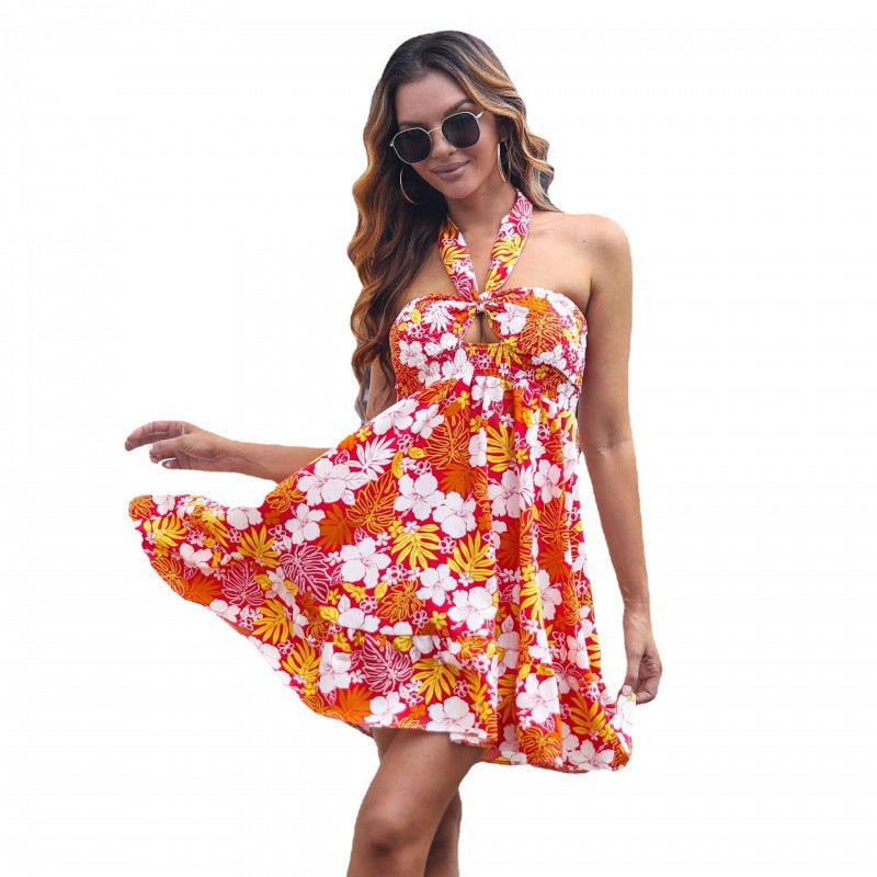 Dame Halter Neck Floral A-Linje Mini Kjole Stilla