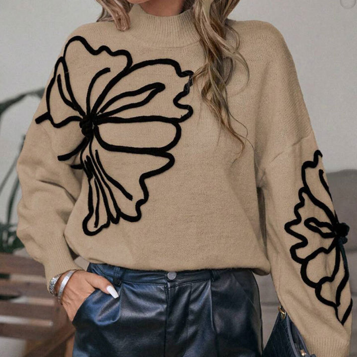 Kvinders strikket sweater med blomster 3D design Stilla