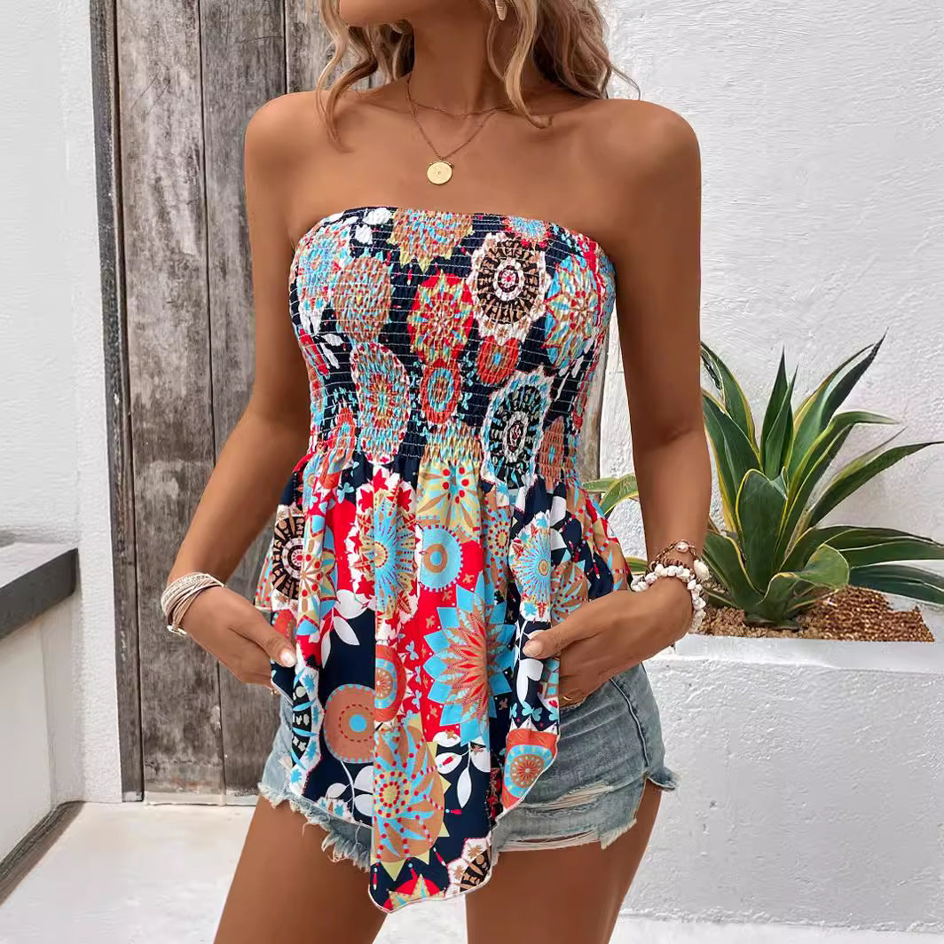 Damer Strapless Bohemian Trykt Smocked Top Stilla