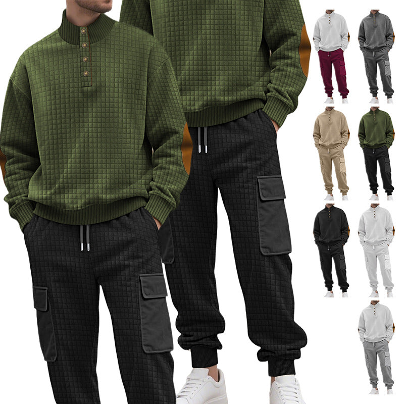 Herren nan Karo-relief-sweatset med ståkrave-knapliste, velour-ellbogenlapper og cargo-jogger Skovae