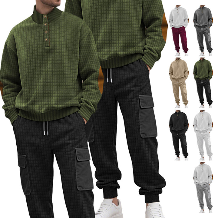 Herren nan Karo-relief-sweatset med ståkrave-knapliste, velour-ellbogenlapper og cargo-jogger Skovae