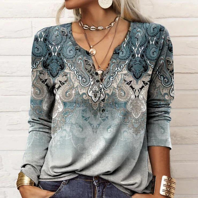 Dame Langærmet T-shirt med blomsterdesign og elegant V-udskæring Stilla