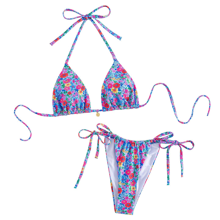 Dame triangel-bikini med florale dekorationer og raffinerede bindedetaljer Skovae