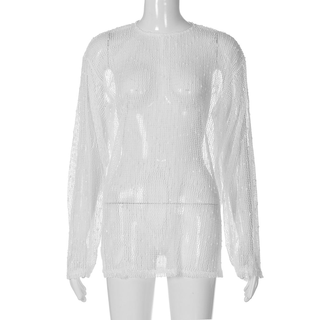 Dame Lettere, elegante langærmet top lavet af fin netstruktur med skinnende accenter Stilla