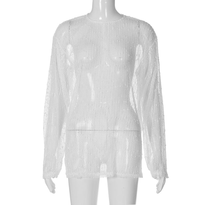 Dame Lettere, elegante langærmet top lavet af fin netstruktur med skinnende accenter Stilla