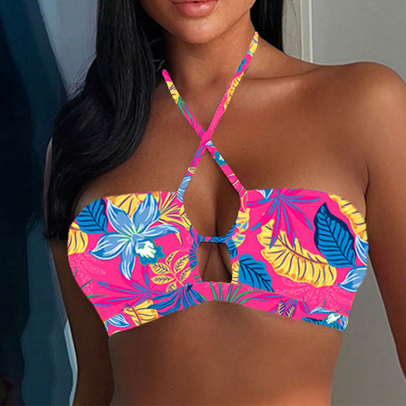 Dame bandeau bikini med kreativ knude-design og blomsterprint Skovae