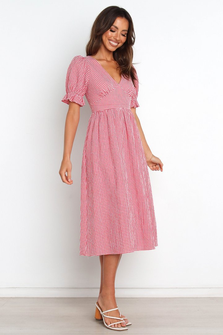 Dame V-Udskæring Gingham Midi Kjole med Puffærmer Stilla
