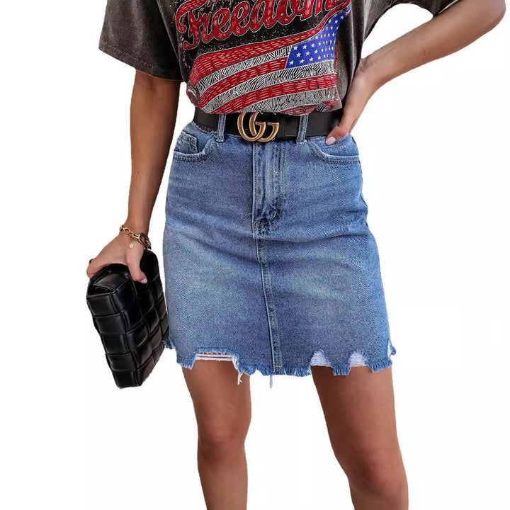 Kvindernes denim mini nederdele i vintage stil med frynset kant Stilla