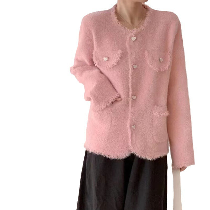 Kvinders Fluffy Cardigan med Hjerte Detaljer Stilla