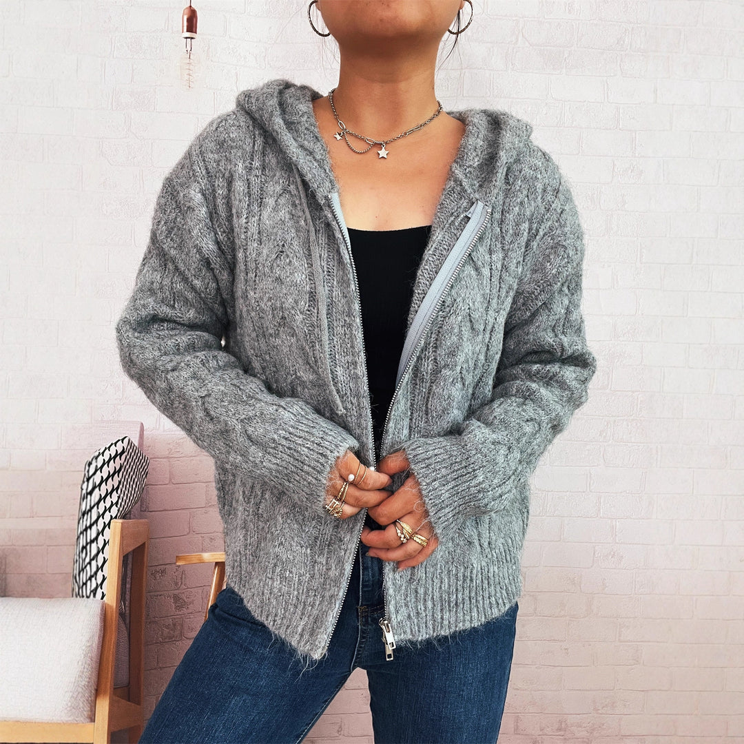 Kvindernes stripe chunky strik zip hættejakke med hætte og blødt materiale Stilla