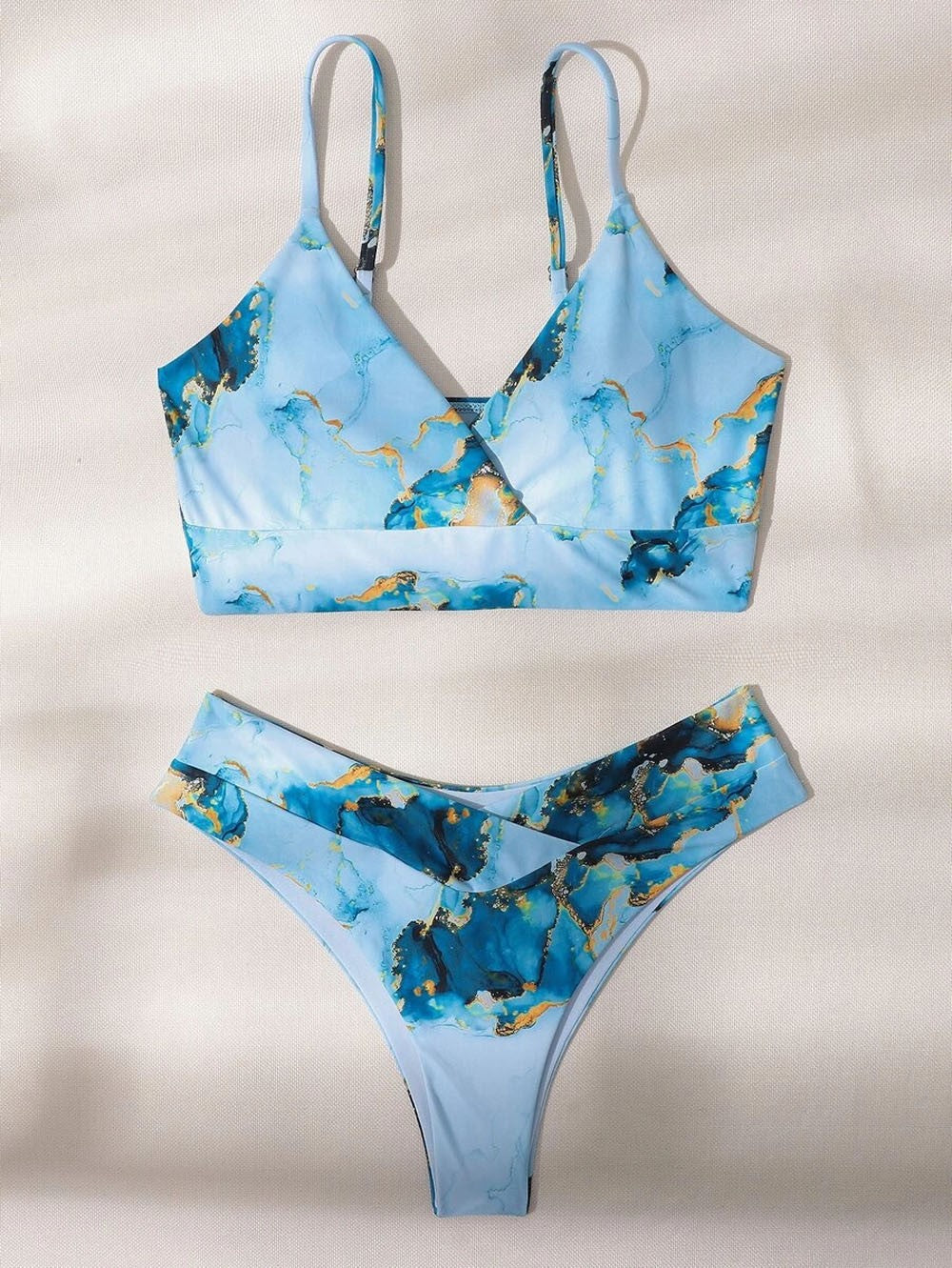 Dame Højt skåret bikini-sæt med stilfuldt marmorprint Skovae