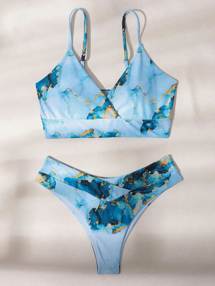 Dame Højt skåret bikini-sæt med stilfuldt marmorprint Skovae