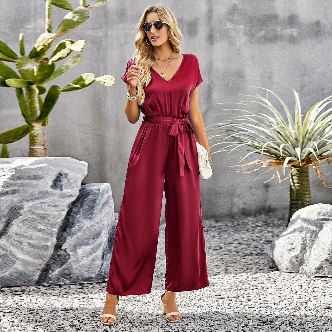Dame Elegant Jumpsuit med V-udskæring og Bindebælte Skovae