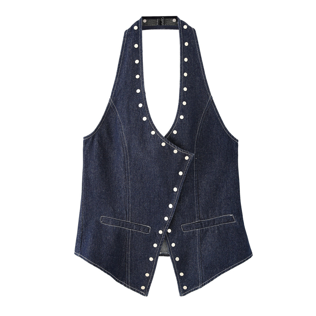 Femme Denim Utility-Vest med dekorative trykknapper Stilla