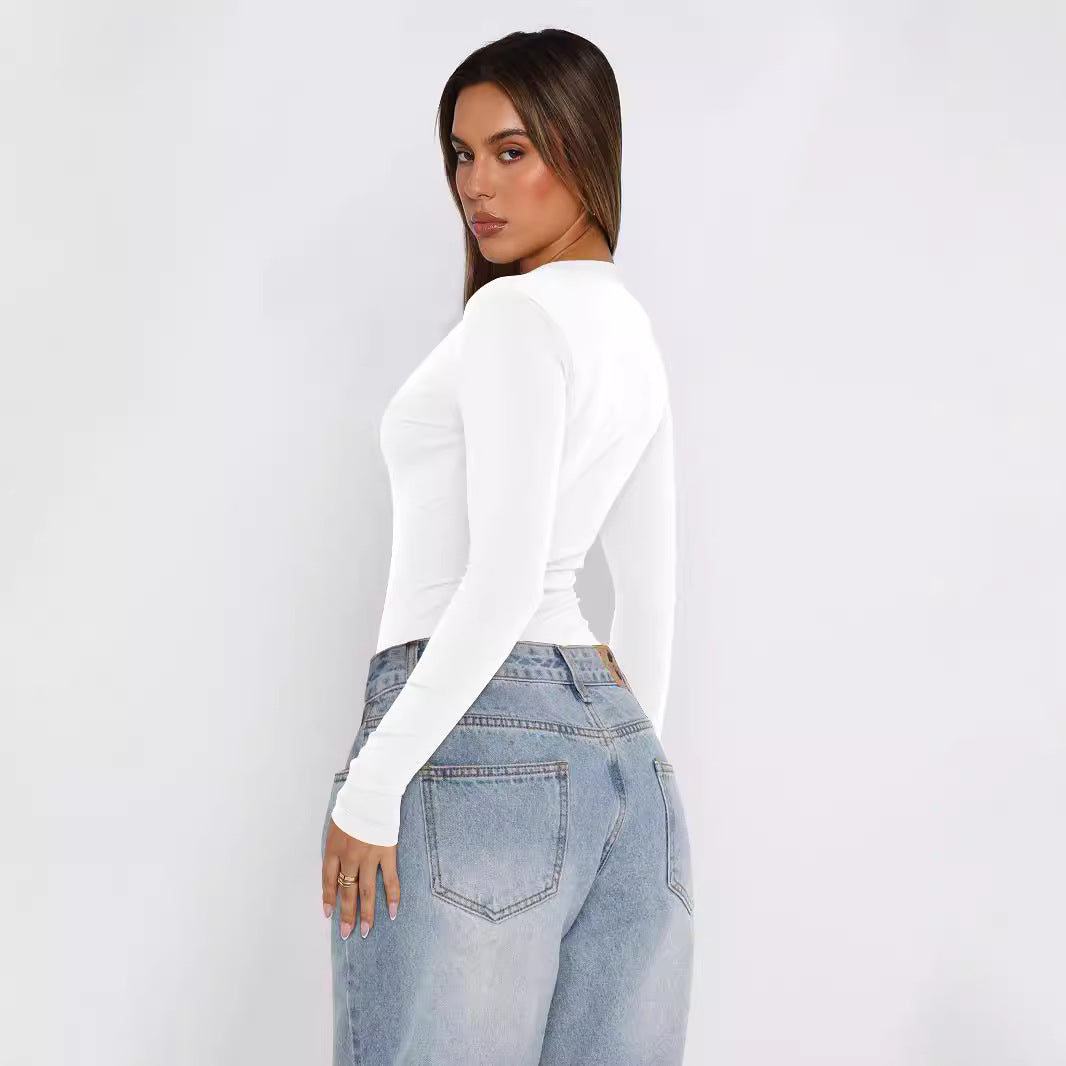 Dame V-hals bodysuit med lange ærmer i elastisk materiale Stilla