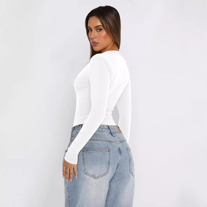Dame V-hals bodysuit med lange ærmer i elastisk materiale Stilla