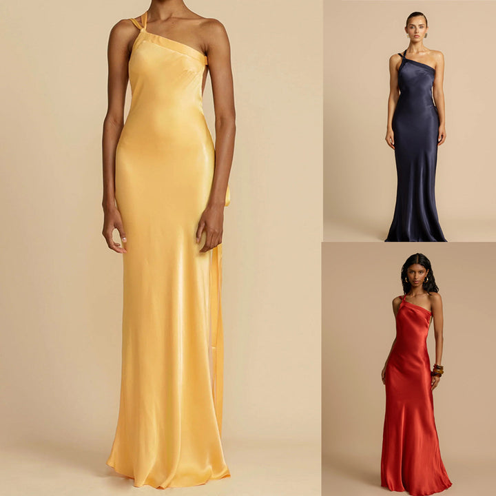 Dame Elegant One-Shoulder Maxikjole i silkeagtigt, skinnende materiale Stiila