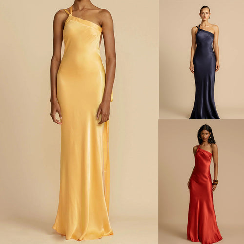 Dame Elegant One-Shoulder Maxikjole i silkeagtigt, skinnende materiale Stiila