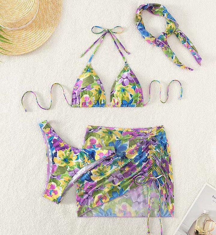 Dame trekantet blomstertil bikini med justerbar sarong Stilla