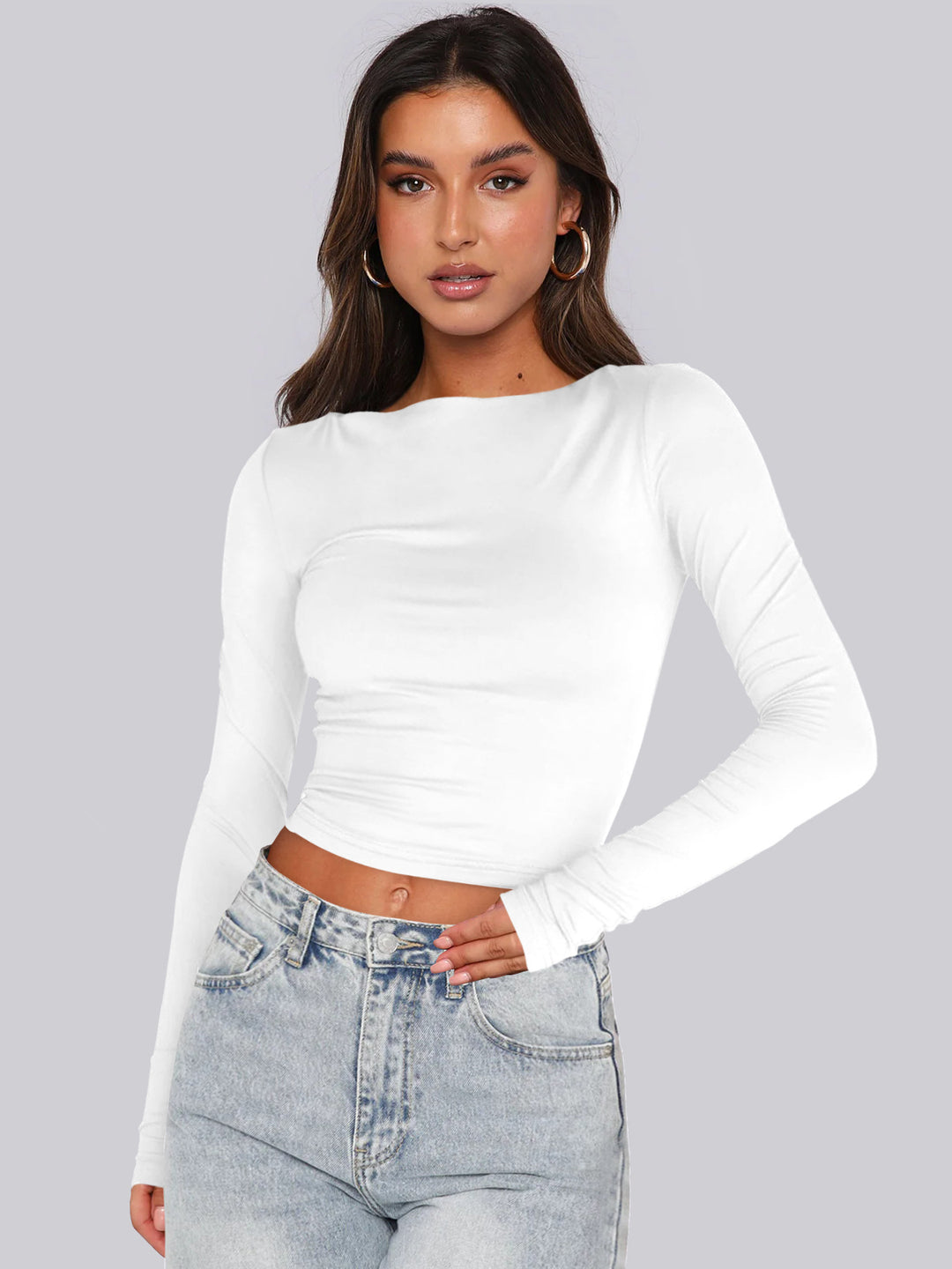 Dame Langærmet Crop-Top med figursyet snit og strækbart materiale Stilla