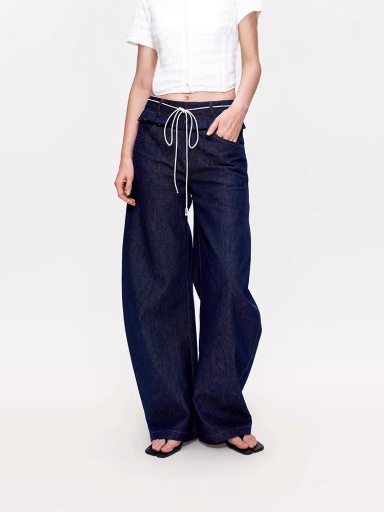 Dame bred Denim-bukser med høj talje og elegant plissé-detalje Stilla