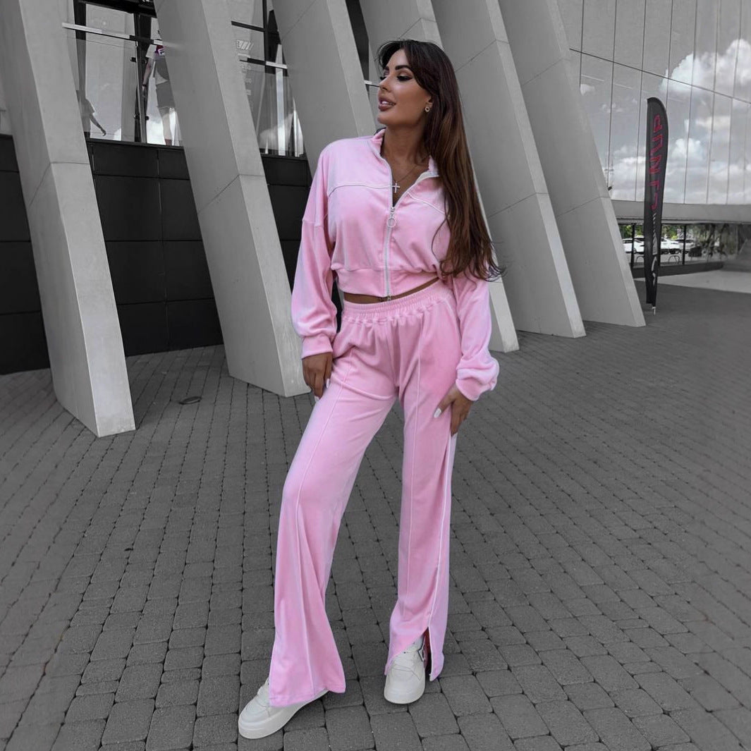 Kvinder Sporty Fleece Loungewear Sæt med Korte Jakke og Behagelige Bukser Skovae