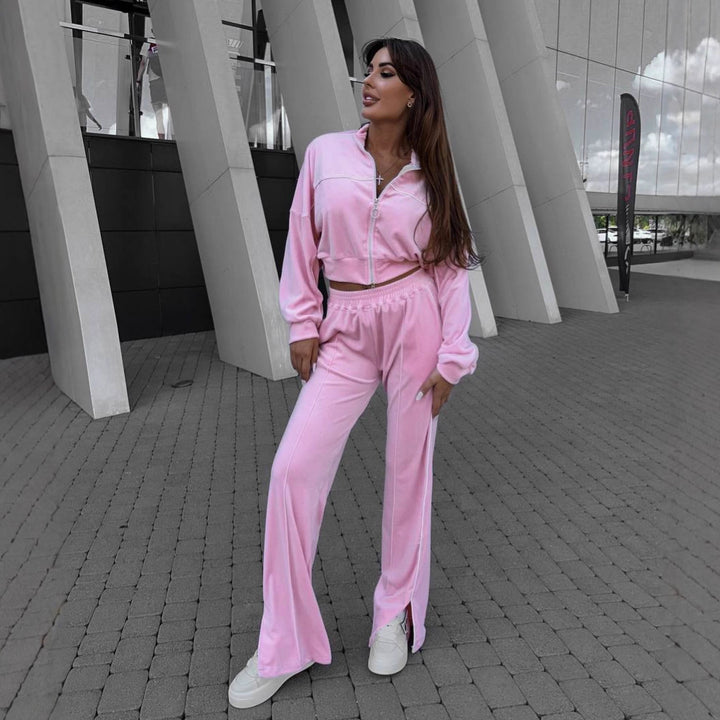 Kvinder Sporty Fleece Loungewear Sæt med Korte Jakke og Behagelige Bukser Skovae