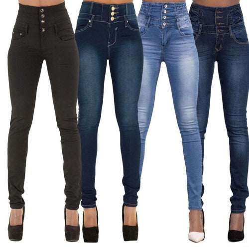 Dame højtaljede skinny jeans med dekorative knapper og samtidig figursiddende design Stilla