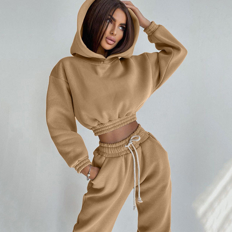 Kvinders Casual Sweat Loungewear Sæt med Croppet Hoodie og Behagelige Bukser Skovae