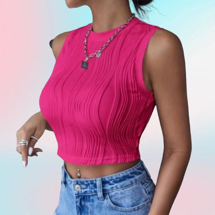 Kvindernes crop top med tekstureret overflade og høj hals