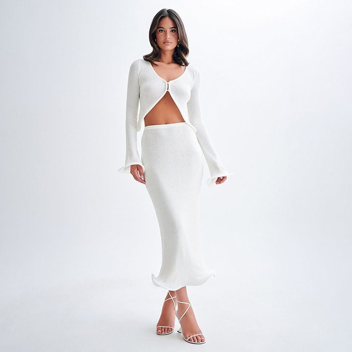 Dame festligt sæt med tætsiddende skørt og elegant cardigan Skovae
