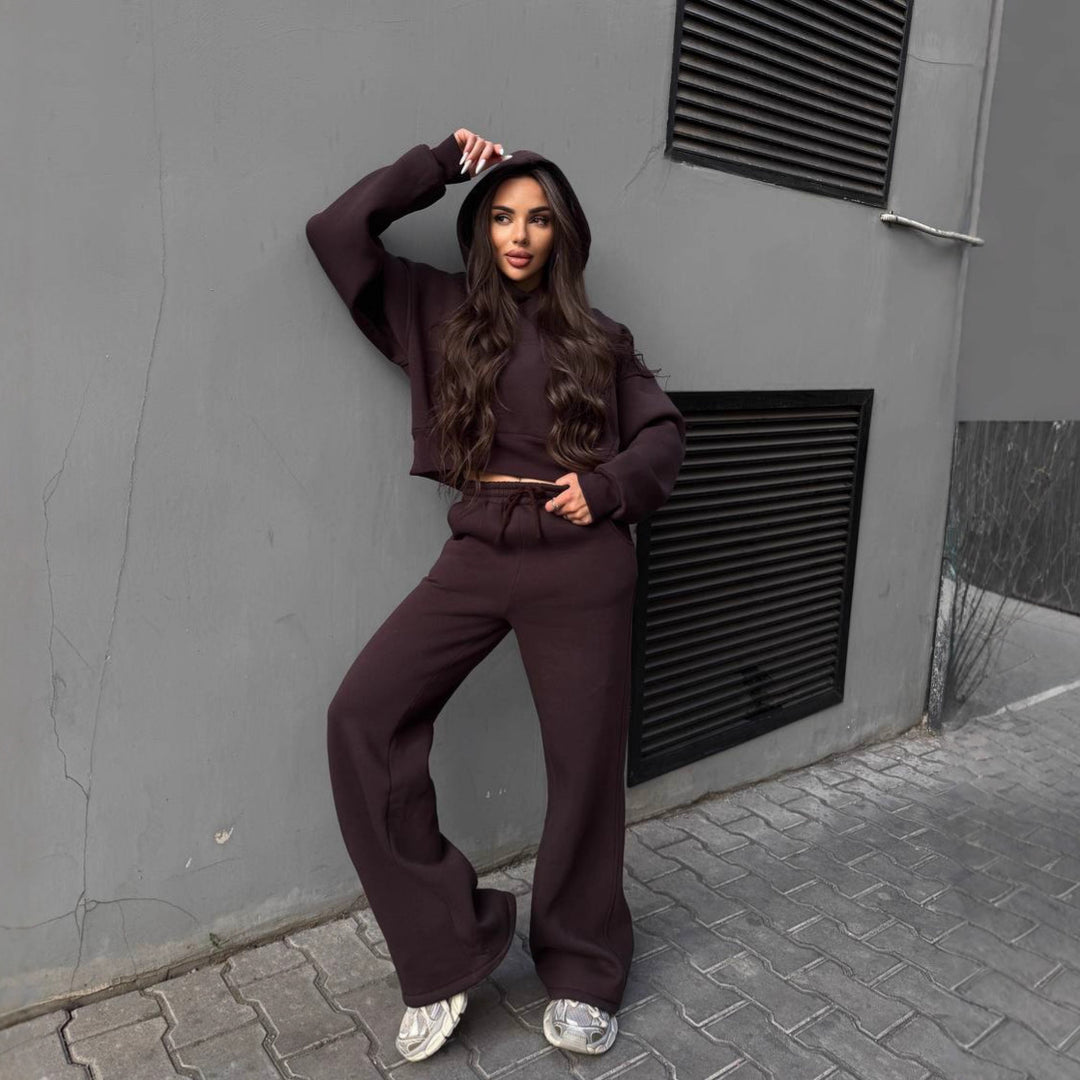 Kvinder casual cropped hoodie og bredsnit joggers sæt Skovae