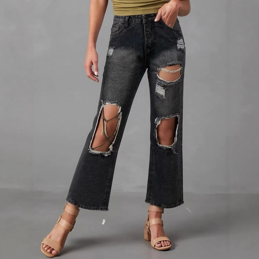 Dame distressed Mom Jeans med trendy cut-out-detaljer Skovae