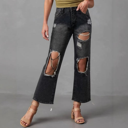 Dame distressed Mom Jeans med trendy cut-out-detaljer Skovae
